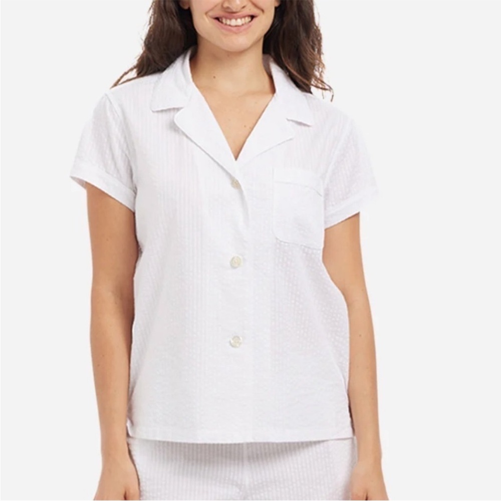 The Sleep Code Pajama Top XL White Cotton Seersucker Button Shirt Women's